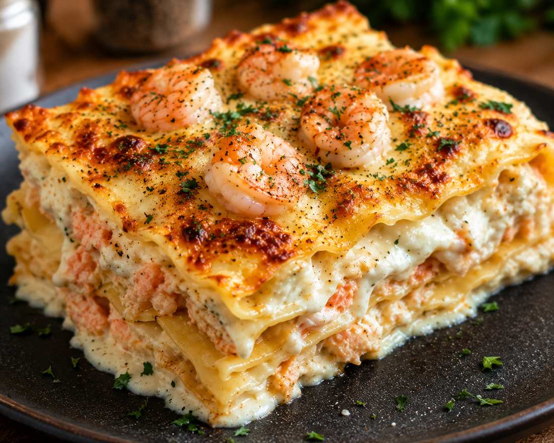 seafood lasagna, shrimp lasagna, crab lasagna, seafood dinner, Alfredo lasagna, easy seafood recipe, comfort food, pasta recipes, family dinner, Easy Eatz