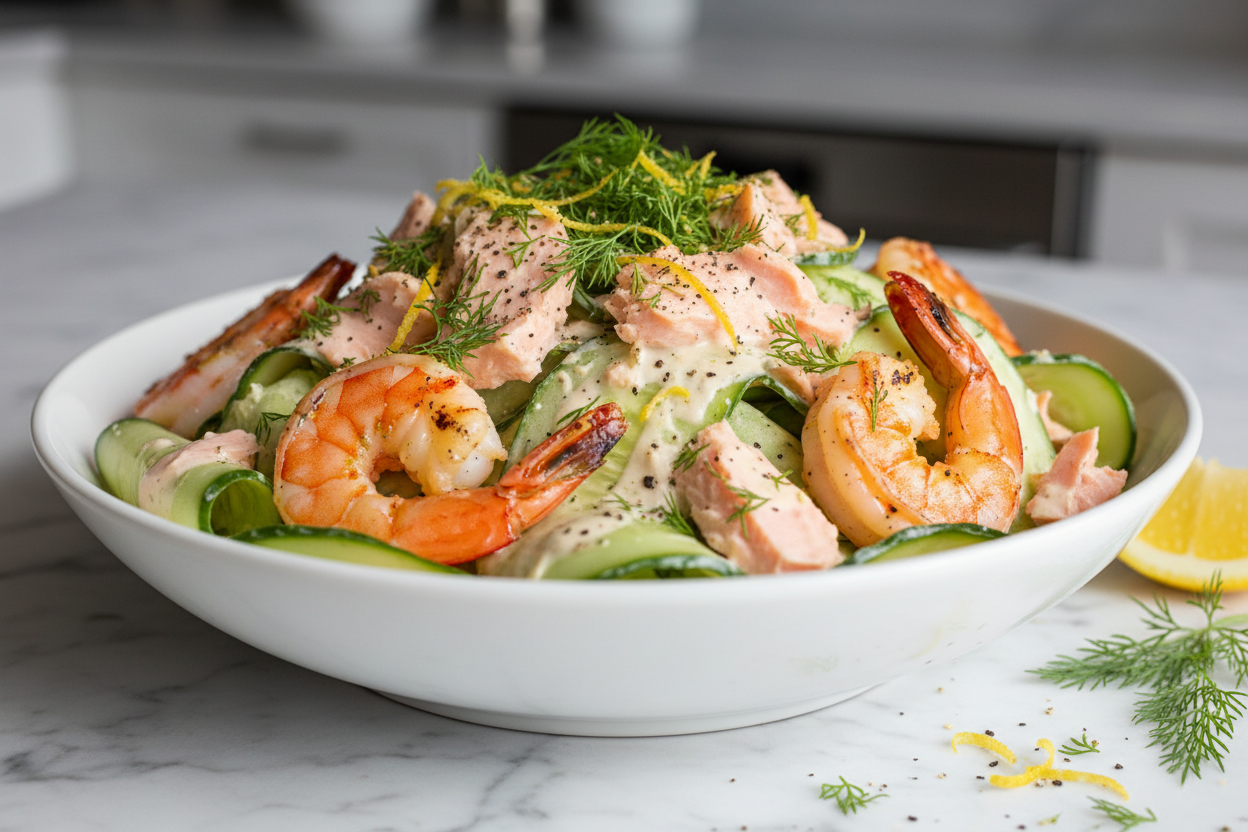 🍤🐟 Creamy Shrimp & Salmon Cucumber Salad