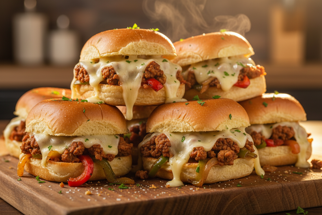 Ground Turkey Philly Cheesesteak Sliders on Hawaiian Rolls