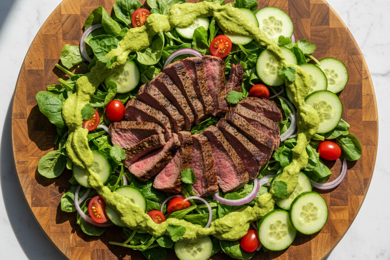 🥩🥒 Steak Cucumber Salad with Avocado Cilantro Aioli